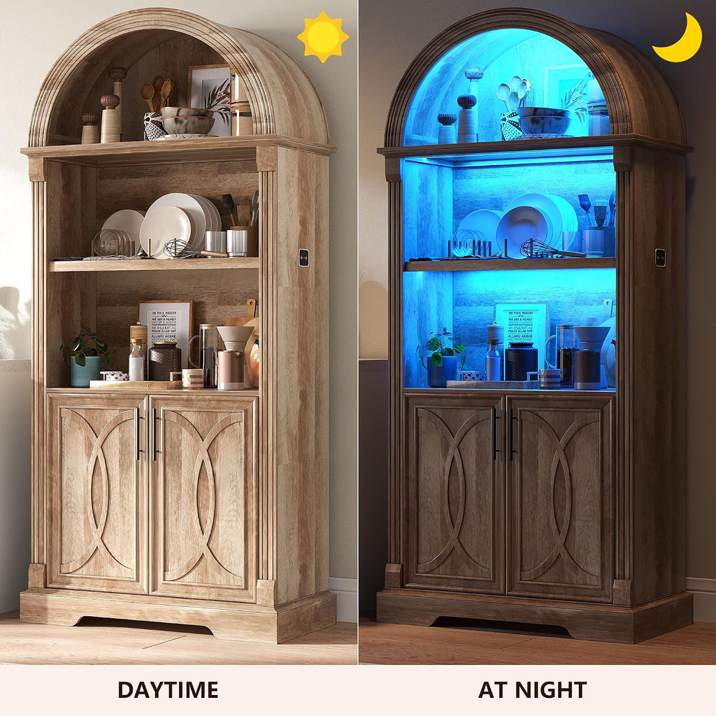 Vlsrka Arched Cabinet, Kitchen Pantry Cabinets with Open & Adjustable Shelves, Induction 3 Color Lights (Brown 2 PCS)