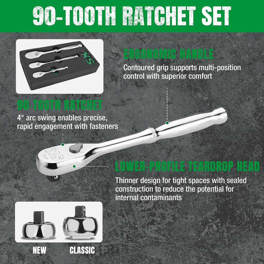 SK Tools USA 1/4', 3/8' & 1/2' Drive, 3 Piece LP90 Teardrop Ratchet Set | 80240