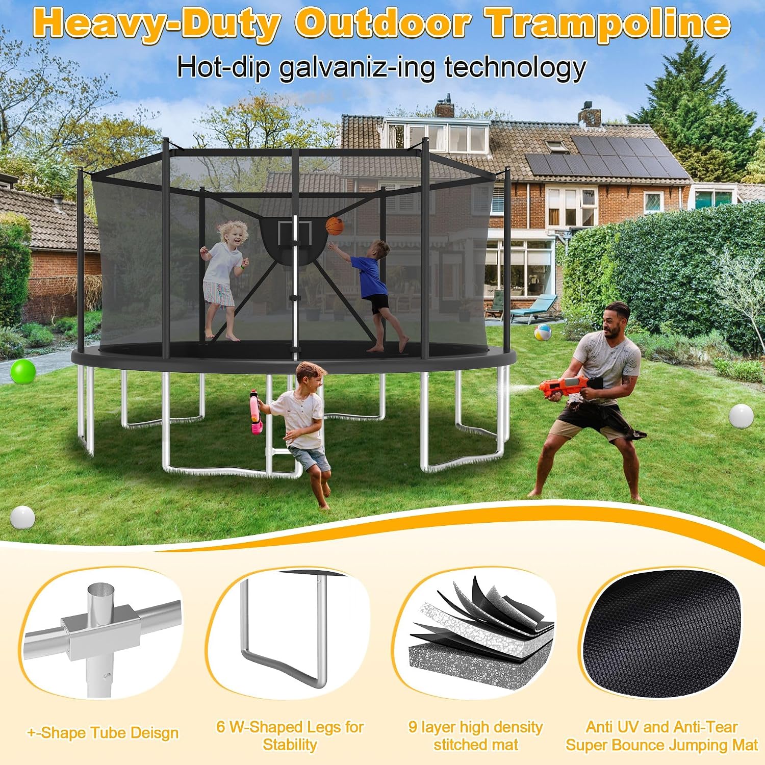 2026 Upgrade 1500LBS Outdoor Tranpoline for Kids and Adults 【Easy to Install & Built to Last】 10FT 12FT 14FT 16FT Recreational Tranpolines with Net, Basketball Hoop and Ladder, ASTM Approved