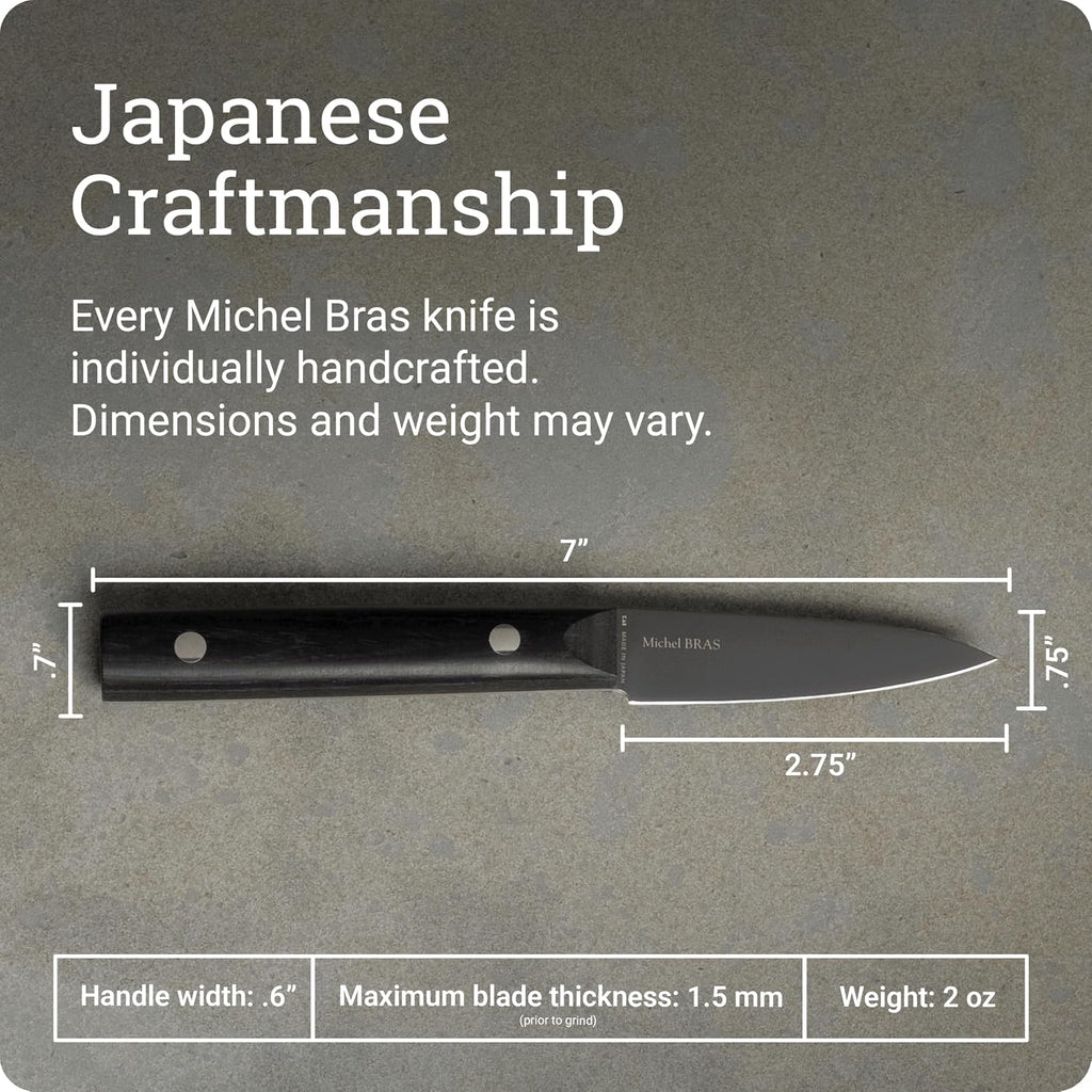 Michel BRAS Quotidien No. 1 Kitchen Knife, 8 cm Handcrafted Kitchen Knife, Japanese AUS8A Stainless Steel Blade, Black Pakkawood Handle, Precision and Sharpness for Professional and Home Chefs