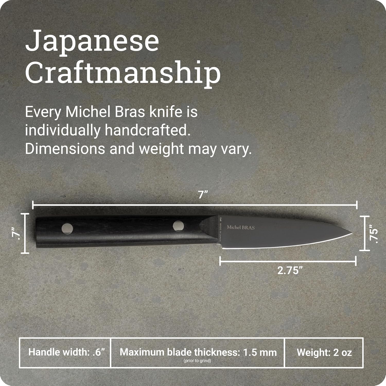 Michel BRAS Quotidien No. 1 Kitchen Knife, 8 cm Handcrafted Kitchen Knife, Japanese AUS8A Stainless Steel Blade, Black Pakkawood Handle, Precision and Sharpness for Professional and Home Chefs
