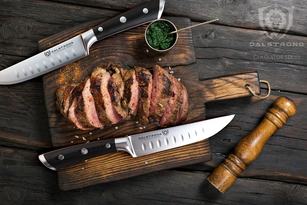 Dalstrong Non Serrated Steak Knives Set of 4-5 inch Straight Blade Steak Knife Set - Sheaths - Forged German Steel - Black G10 Handle - Gladiator Series Elite - Dinner Set - NSF Cuchillos para Carne