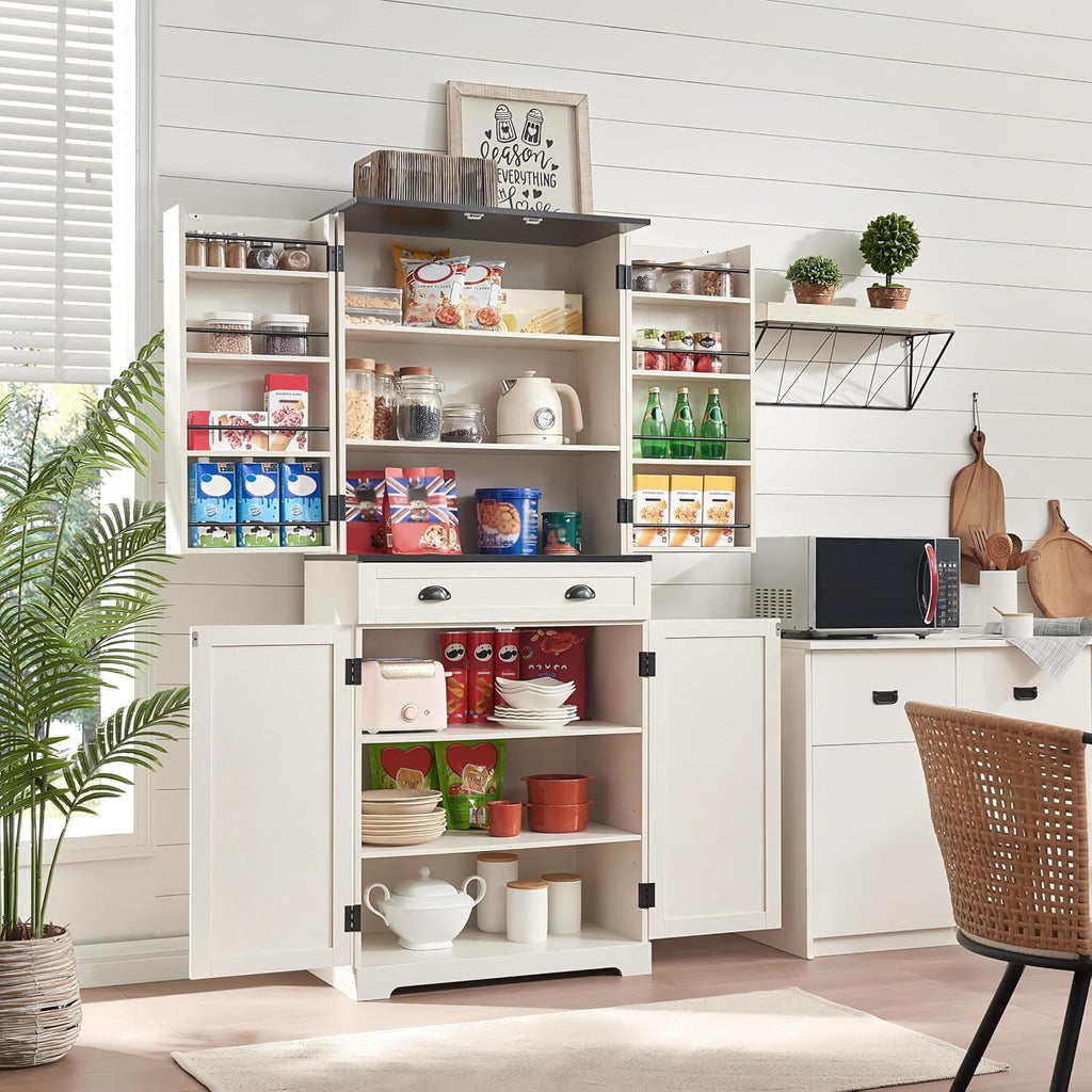 NOZE Kitchen Pantry Cabinet, 72'' White Pantry Storage Cabinet, Freestanding Kitchen Hutch Cabinet and Adjustable Shelves,Tall Food Pantry Cabinet Farmhouse Furniture for Dining Room