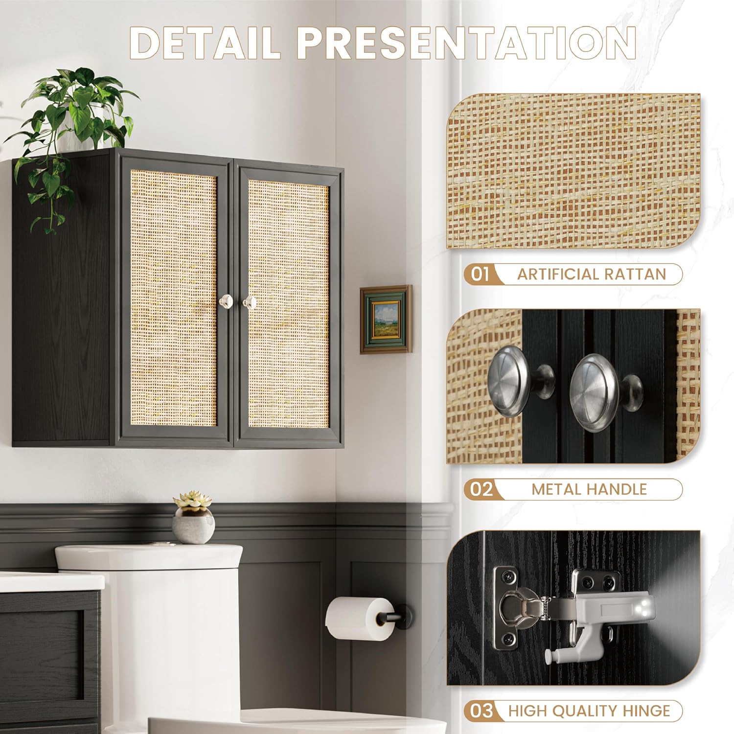 Furnaza Rattan Wall Cabinets Set - 24' Kitchen Wall Mounted Storage Cabinets with 2 Paper Rattan Doors and Shlelf Adjustable in Laundry or Bathroom Over The Toilet,One Set of 2 Pcs, in Black