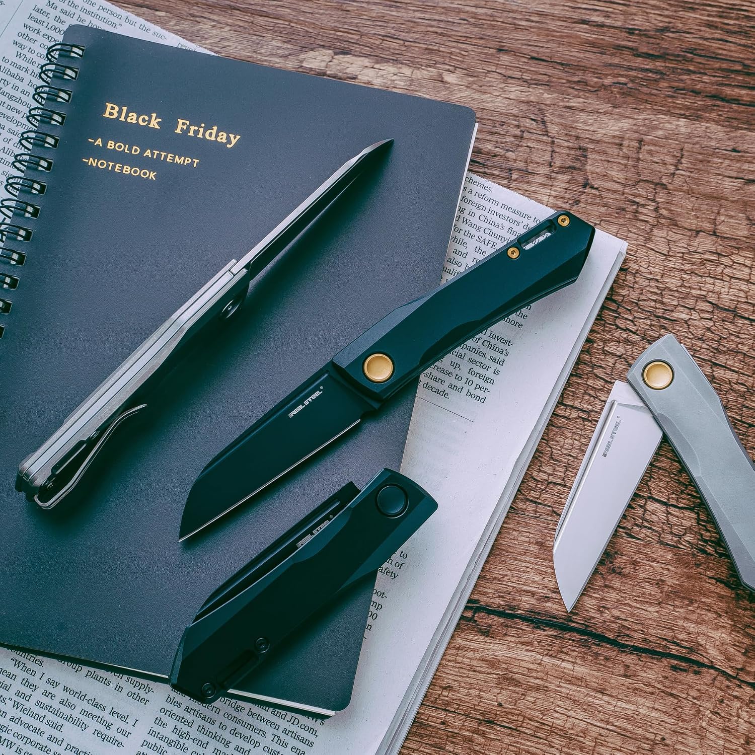 REALSTEEL Solis Slipjoint Folding Pocket Knife - Bohler N690 Satin Blade with Titanium TC4 Handle - Perfect for Camping, and Daily Cutting Tasks - EDC Knife for Men Women (Golden Hardware/Satin)