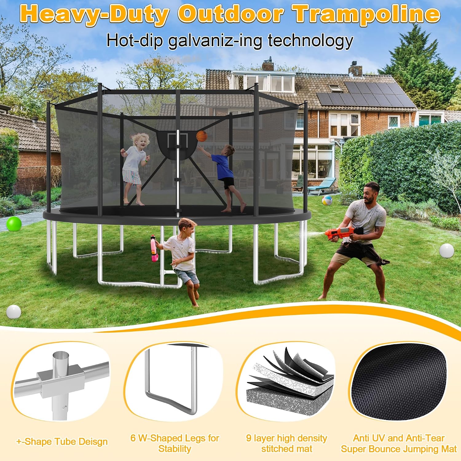 2026 Upgrade 1500LBS Outdoor Tranpoline for Kids and Adults 【Easy to Install & Built to Last】 10FT 12FT 14FT 16FT Recreational Tranpolines with Net, Basketball Hoop and Ladder, ASTM Approved