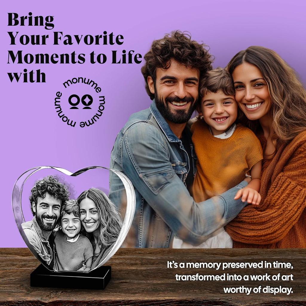 Monume 3D Crystal Heart (Medium) – Laser Engraved Personalized Crystal Photo Made from Clear-Cut Glass – Custom Photo Gifts for Weddings, Memorials, Anniversaries & More