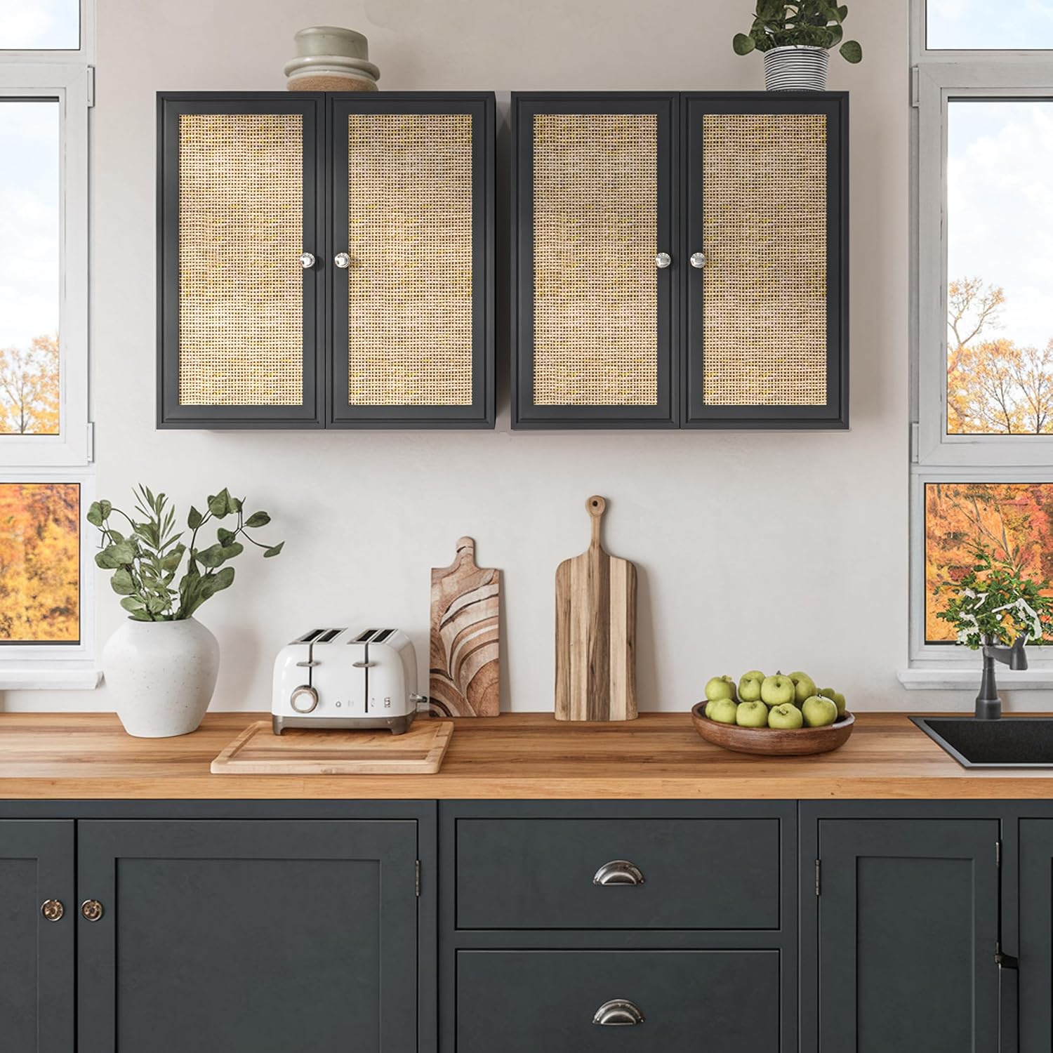 Furnaza Rattan Wall Cabinets Set - 24' Kitchen Wall Mounted Storage Cabinets with 2 Paper Rattan Doors and Shlelf Adjustable in Laundry or Bathroom Over The Toilet,One Set of 2 Pcs, in Black