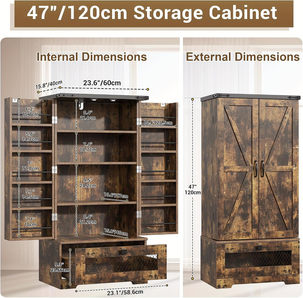 kepptory Farmhouse Pantry Cabinet with Barn Door & Adjustable Shelves, Freestanding Kitchen Storage Cabinet for Dining Room, Bathroom, Hallway (Brown)