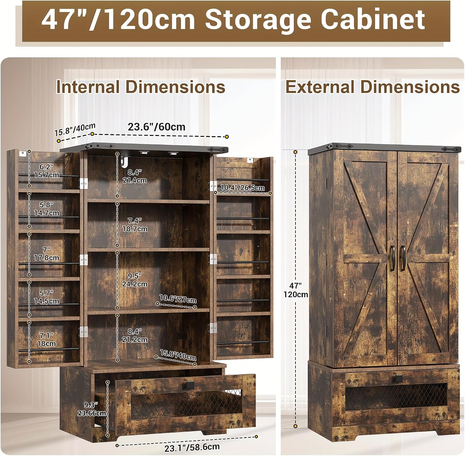 kepptory Farmhouse Pantry Cabinet with Barn Door & Adjustable Shelves, Freestanding Kitchen Storage Cabinet for Dining Room, Bathroom, Hallway (Brown)