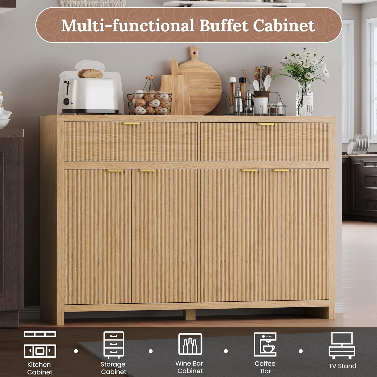 55' W Sideboard Buffet Cabinet with Storage, Fluted Cabinet with 2 Drawers & 4 Doors, Wood Kitchen Cabinet with Adjustable Shelves for Living Room,Kitchen and Dining Room - Wood