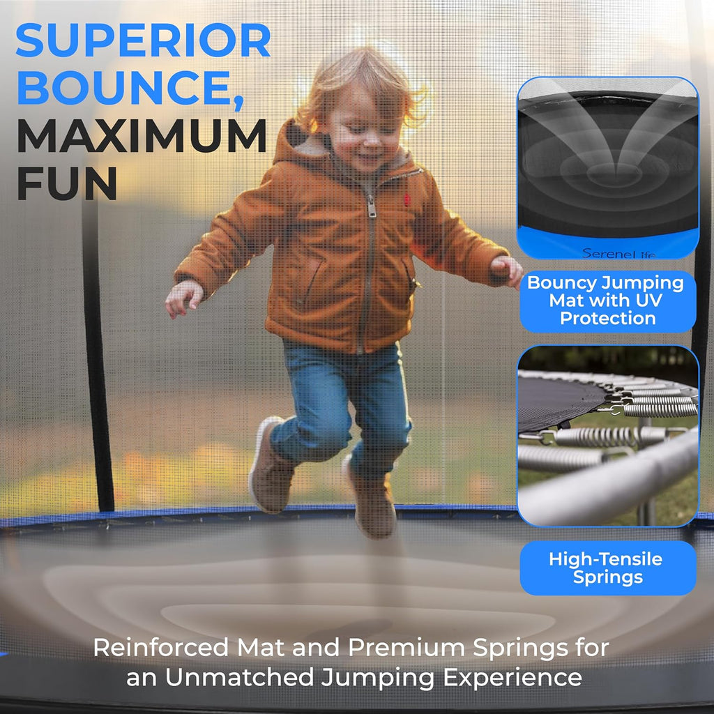 SereneLife Trampoline Outdoor 8FT 10FT 12FT 14FT with Enclosure Net, Ladder and Anti-Rust Coating - ASTM Approved Recreational Trampolines - Heavy Duty Yard Trampolines for Kids and Adults
