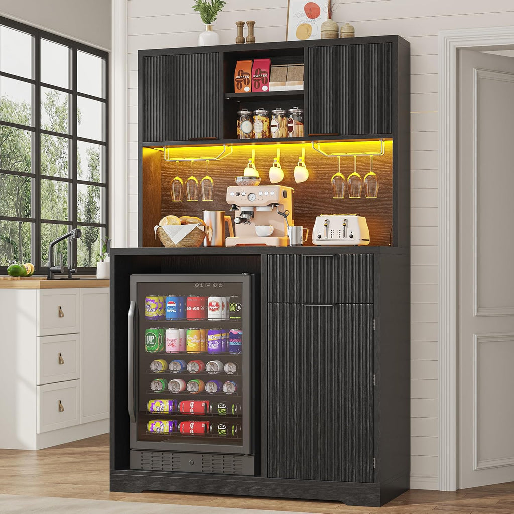 kepptory 72' Mini Fridge Cabinet with Storage, Coffee Bar Cabinet with Mini Fridge, Tall Coffee Bar Station with RGB LED Light, Wine Glass Holder, for Home Kitchen Living Room, Black