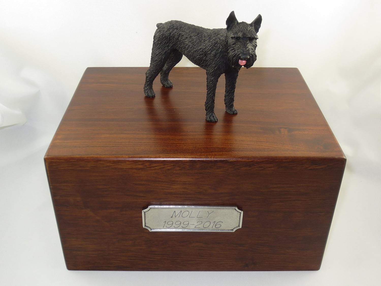 Beautiful Paulownia Large Wooden Urn with Black Giant Schnauzer Figurine & Personalized Pewter Engraving