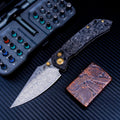 KANSEPT Fenrir Pocket Knife, 3.48'' Damascus Harpoon Sharp Blade, Shred Carbon Fiber Handle with Crossbar Lock, Bronze Thumb Stud Pocket Clip for Edc, Camping Survival Hiking Folding Knives K1034V1
