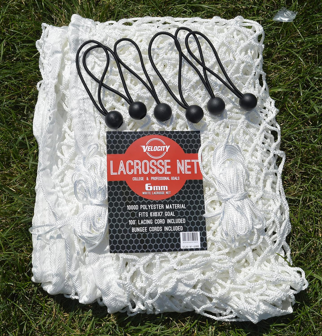 Velocity Heavy Duty Black & White Lacrosse Net - Fits 6'x6'x7' Goals - Weatherproof, UV Resistant 1000D High-Strength Polyester - Comes with 100+ Feet of Lacing Cord and 4 Quick Ties