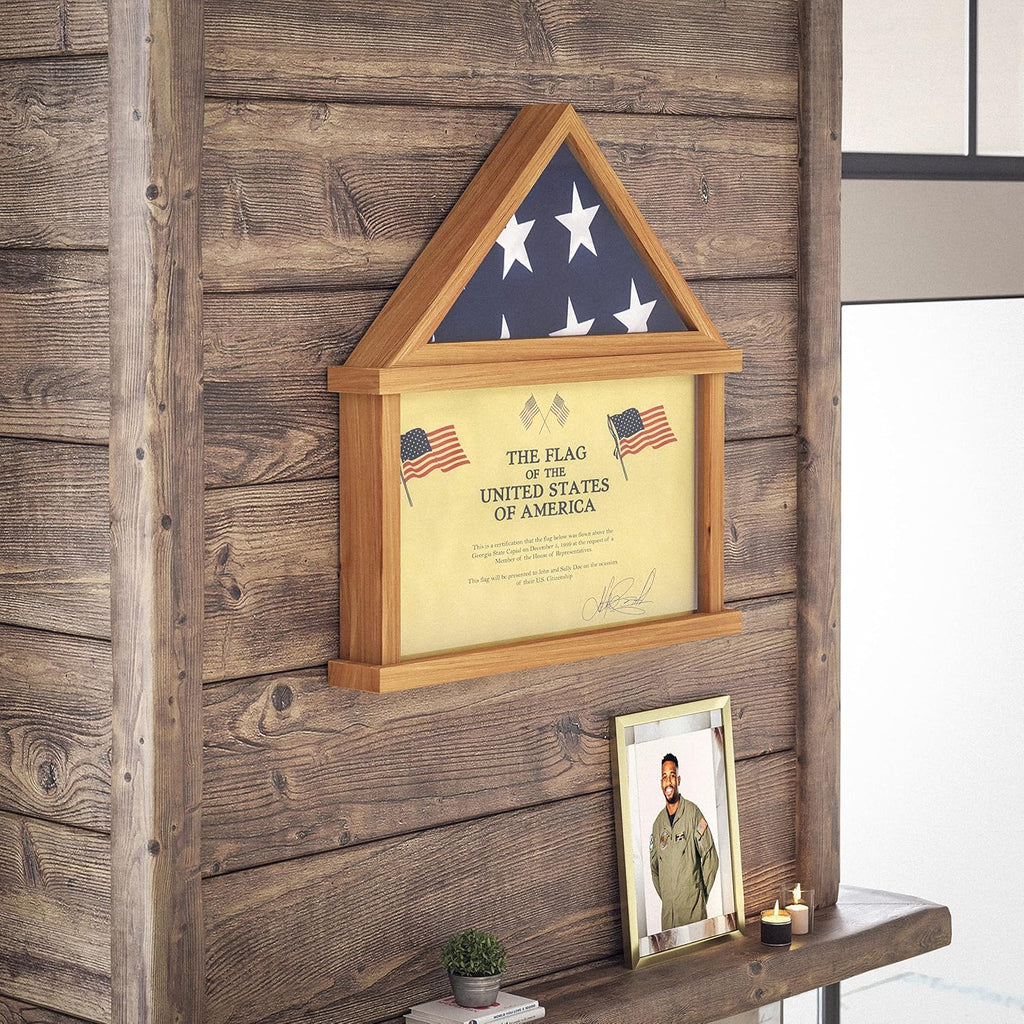 HBCY Creations Flag Display Case with Certificate Holder for 5' x 9.5' American Veteran Burial Flag, Solid Wood with Glass Front with Wall Mount or Standing Display, Weathered Wood