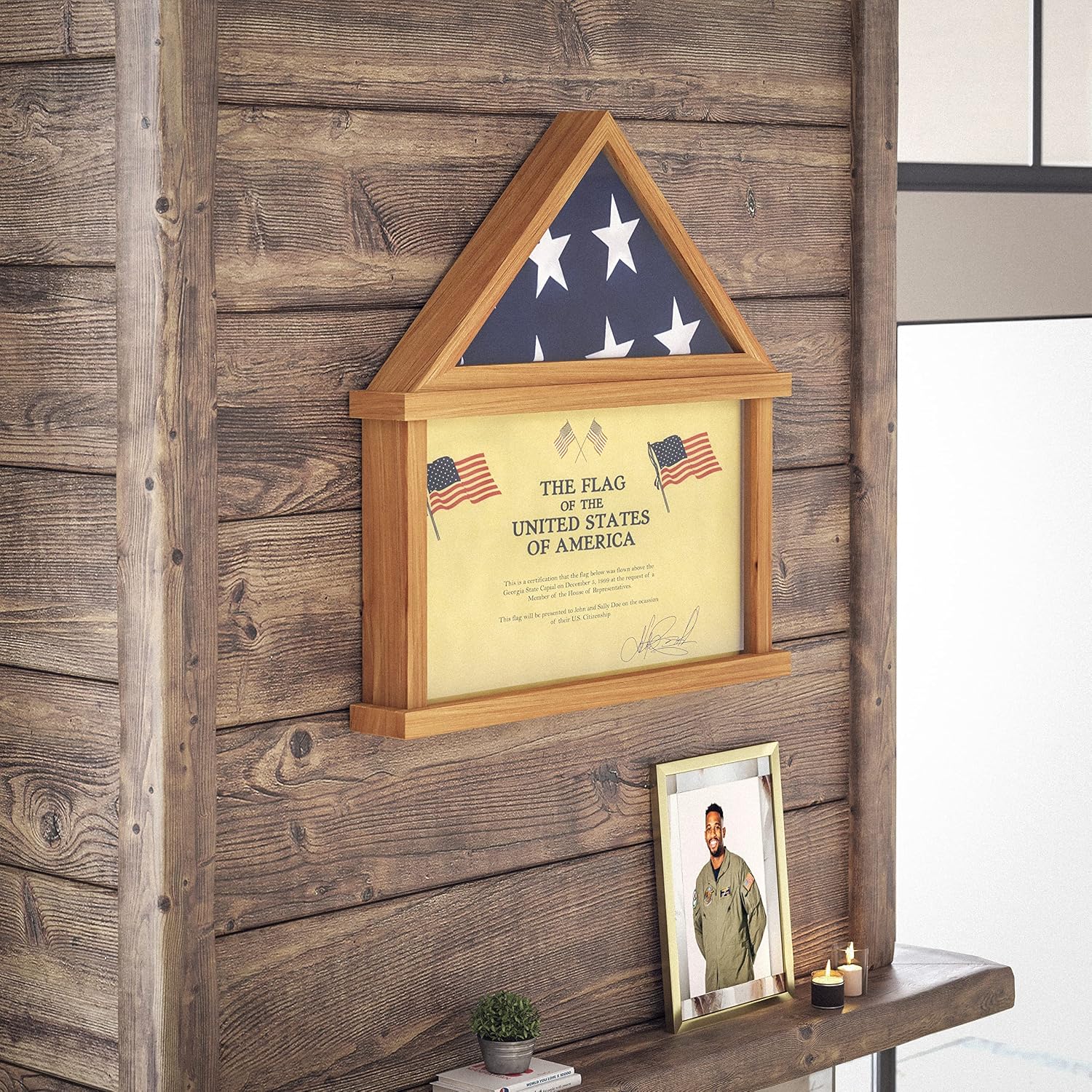 HBCY Creations Flag Display Case with Certificate Holder for 5' x 9.5' American Veteran Burial Flag, Solid Wood with Glass Front with Wall Mount or Standing Display, Weathered Wood
