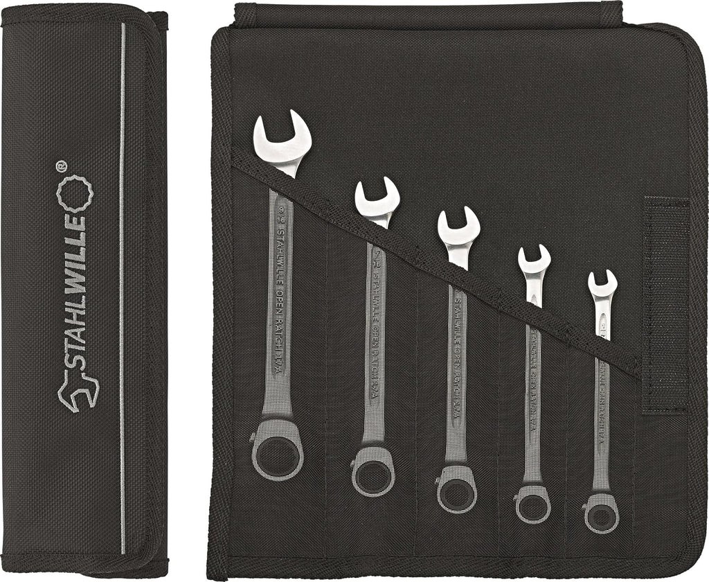 Stahlwille 96411705 Reversible Combination Ratcheting Spanners Open-Ratch Set, 5 Pieces, Size 8mm, 10mm, 13mm, 17mm and 19mm Spanner Openings, 72 Teeth, Bi-Hexagon, Made in Germany